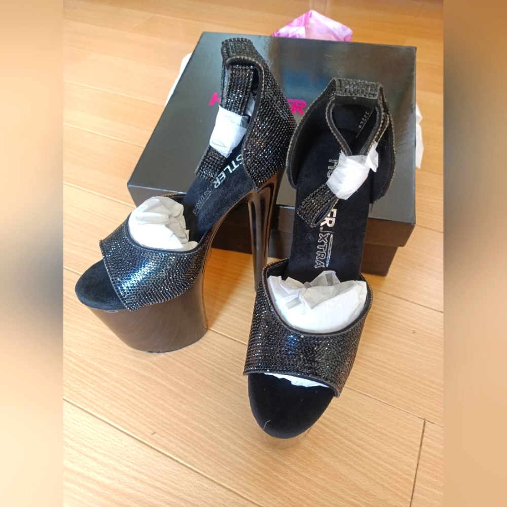 Hustler rhinestone stripper heels black